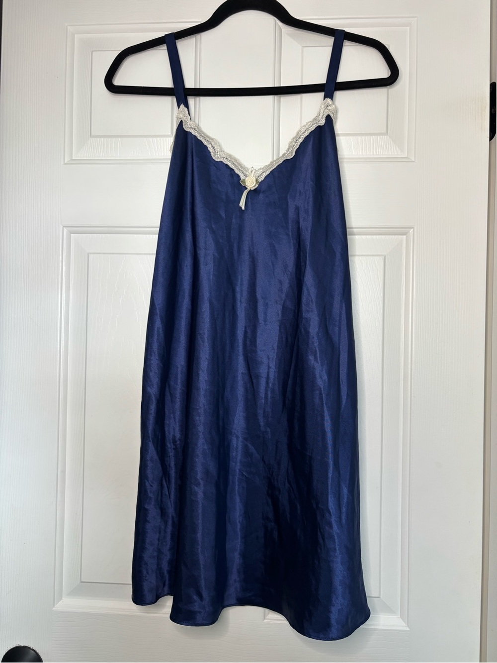 Navy Satin Slip with Cream Lace Trim